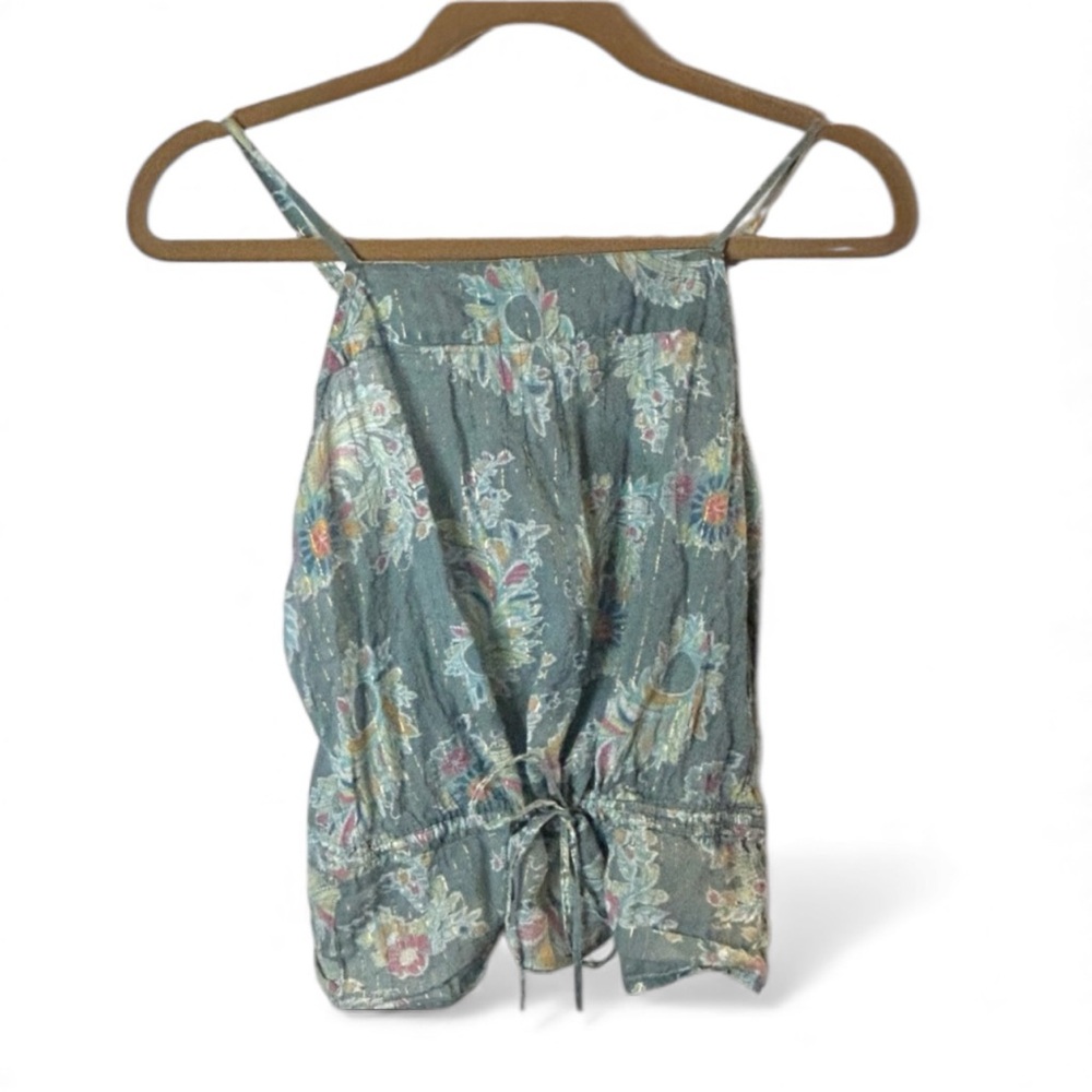 Dusty Blue Floral Paisley Festival Tank Golden Threaded Peplum Style Waist Top